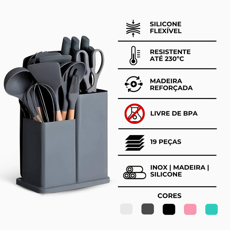 19 Utensílios de Cozinha em Silicone Premium + KIT 4 Potes Herméticos de Brinde