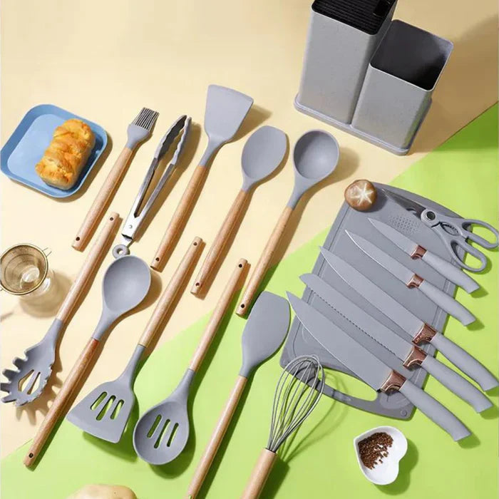 19 Utensílios de Cozinha em Silicone Premium + KIT 4 Potes Herméticos de Brinde