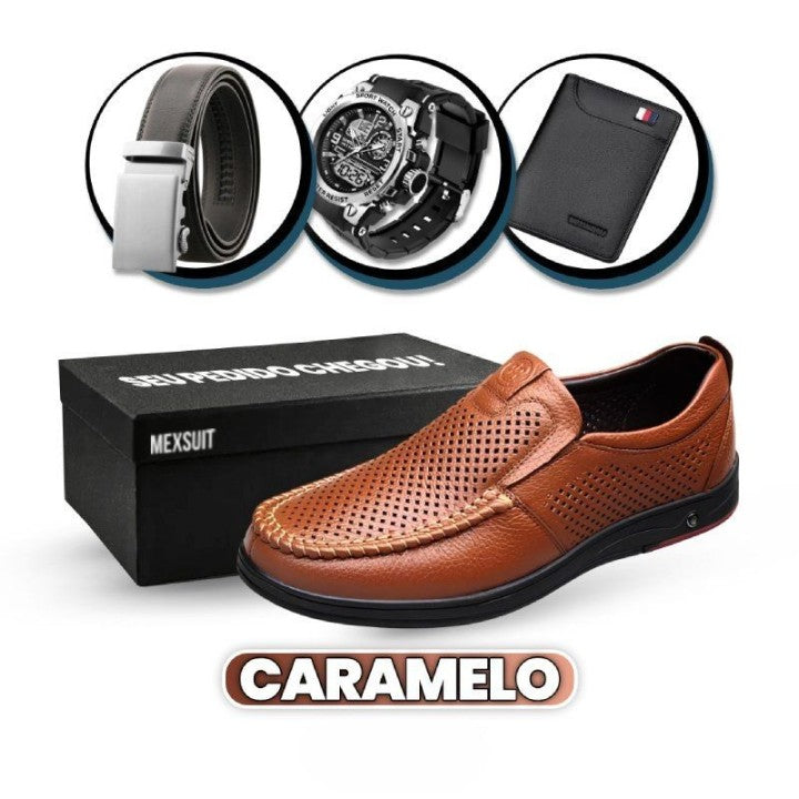 Kit Sapato Mocassim de Couro Adão (Ventilação Extraordinária!) + 3 BRINDES: Relógio, Cinto e Carteira