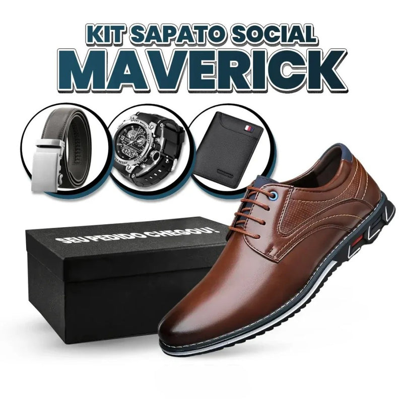 Kit Sapato Social Maverick de Couro Legítimo + 3 BRINDES: Cinto, Relógio e Carteira