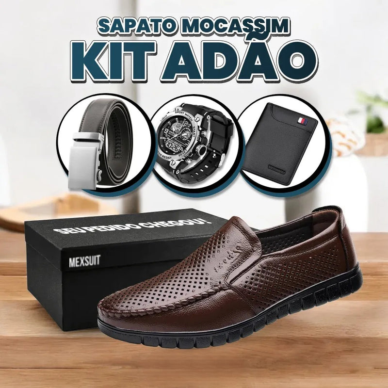 Kit Sapato Mocassim de Couro Adão (Ventilação Extraordinária!) + 3 BRINDES: Relógio, Cinto e Carteira