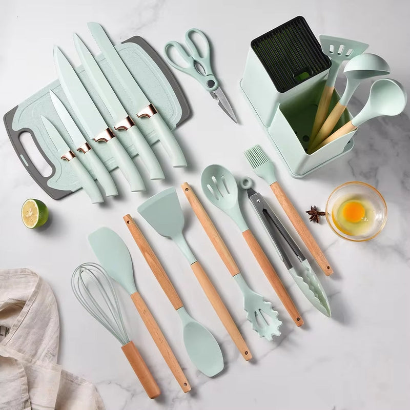 19 Utensílios de Cozinha em Silicone Premium + KIT 4 Potes Herméticos de Brinde