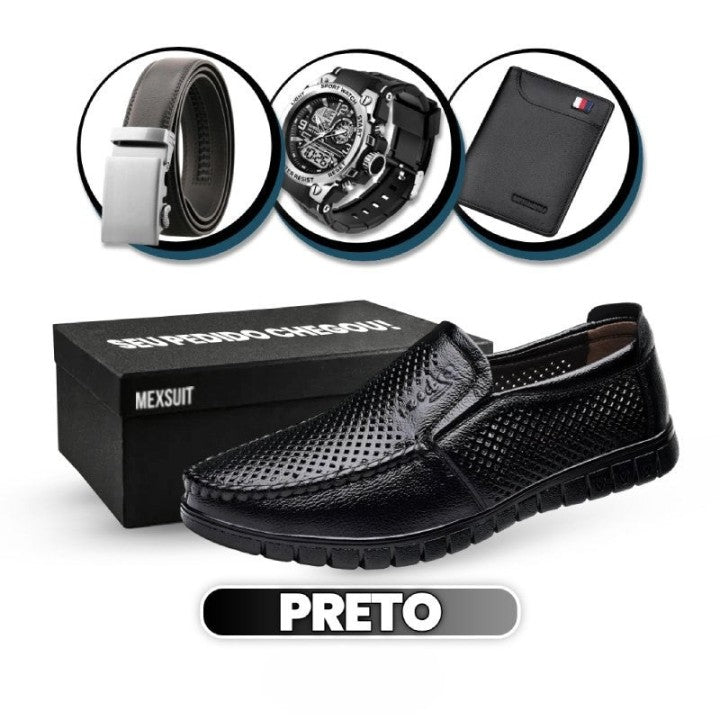 Kit Sapato Mocassim de Couro Adão (Ventilação Extraordinária!) + 3 BRINDES: Relógio, Cinto e Carteira