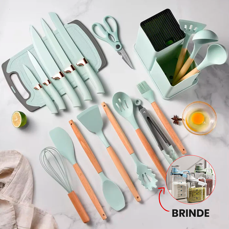 19 Utensílios de Cozinha em Silicone Premium + KIT 4 Potes Herméticos de Brinde