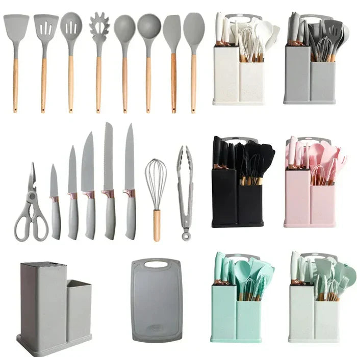 19 Utensílios de Cozinha em Silicone Premium + KIT 4 Potes Herméticos de Brinde